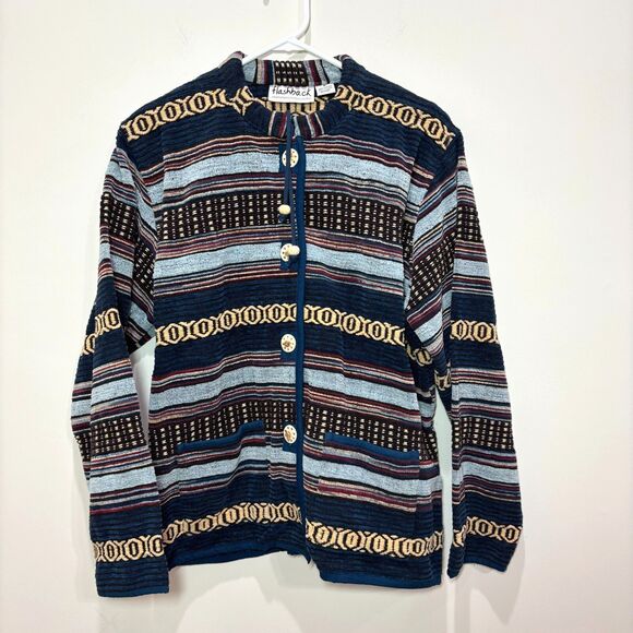 VTG Flashback Blue Aztec Blazer Jacket Western Cotton  Striped Tapestry Women M - Picture 1 of 9